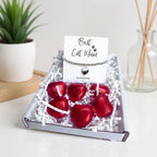 AyeDoGifts silver beaded bracelet with heart charm and red chocolate hearts, for 'Best Cat Mum'.