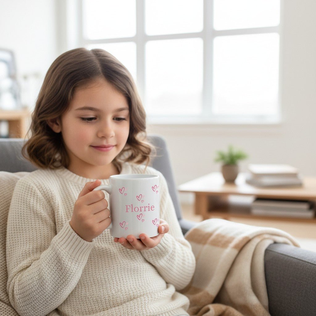 AyeDoGifts personalised pink name mug with scattered hearts and the name Florrie in pink text. Ceramic, 11oz.