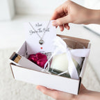 AyeDoGifts hamper with silver puff heart necklace, vanilla candle, chocolate hearts and matches for Mum.