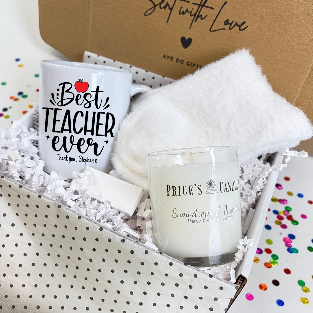 Personalised Best Teacher Ever Mug, Candle & Socks Gift Hamper | Teacher Gift