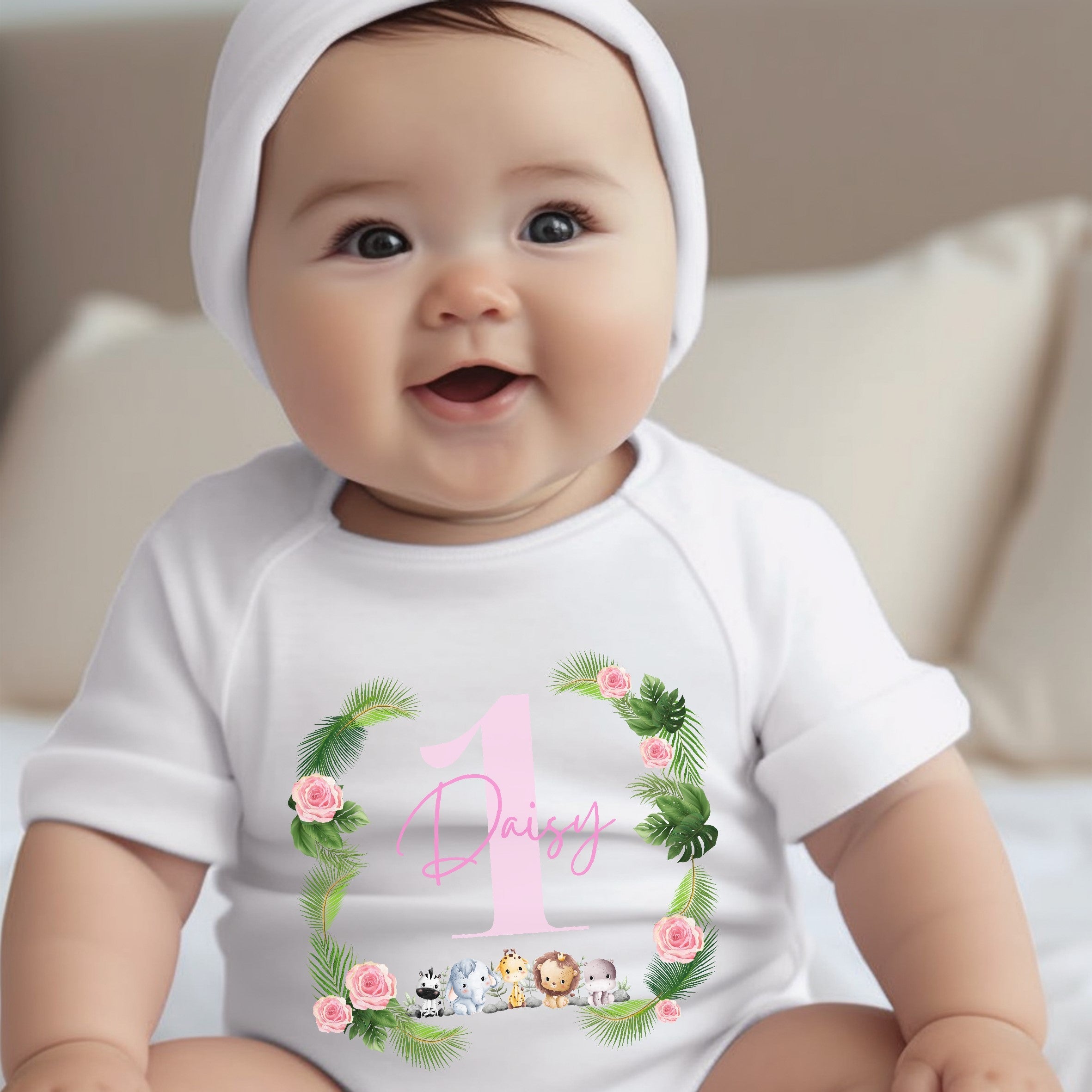 Personalised Pink Girls 1st Birthday Baby Outfit: Bib, Vest, Baby Grow