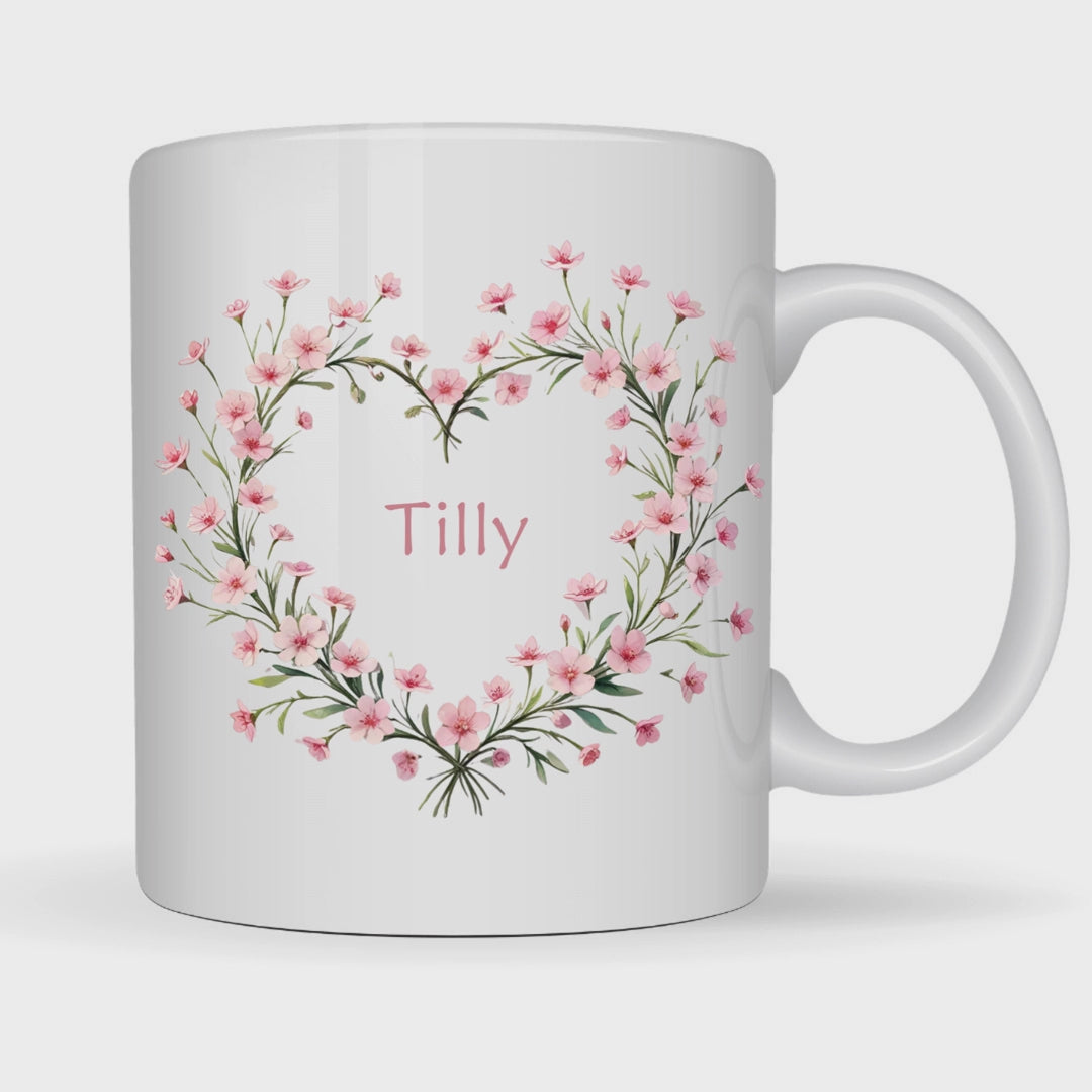 Personalised Pink Flowers Heart Name Mug, Candle & Socks Gift Hamper | Sister Friend Daughter