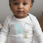Personalised Blue Initial Baby Bunny Outfit: Bib, Vest, Baby Grow
