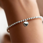 Puff Heart Silver Beaded Stretch Bracelet