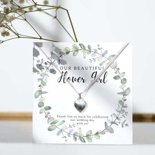 Flower Girl Heart Necklace & Eucalyptus Thank You Card