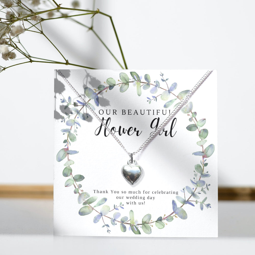 Flower Girl Heart Necklace & Eucalyptus Thank You Gift Card