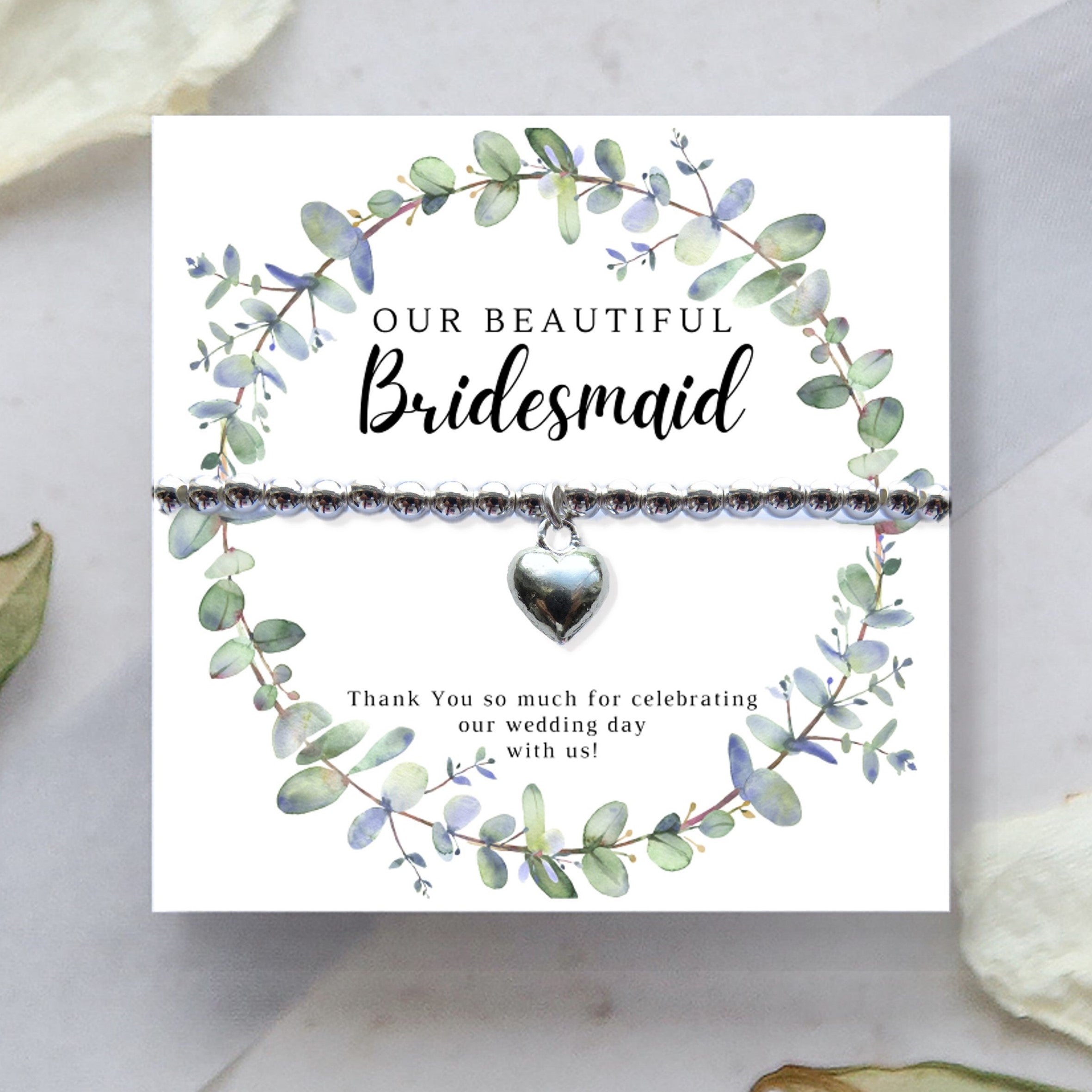 Bridesmaids Heart Bracelet & Eucalyptus Thank You & Gift Card