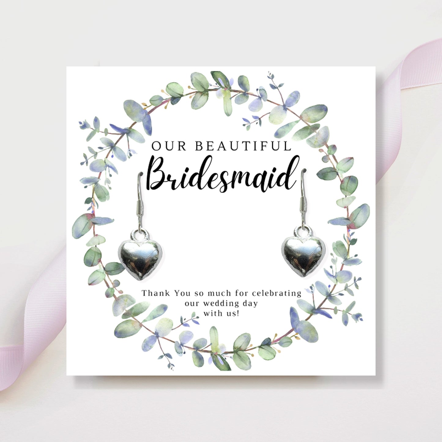 Bridesmaids Heart Earrings & Eucalyptus Thank You Card