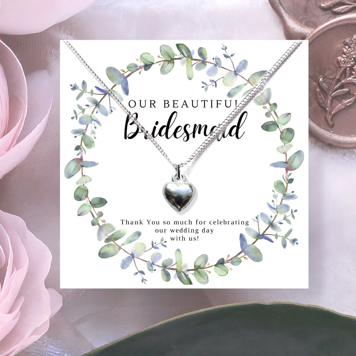 Bridesmaids Heart Necklace & Eucalyptus Thank You Card