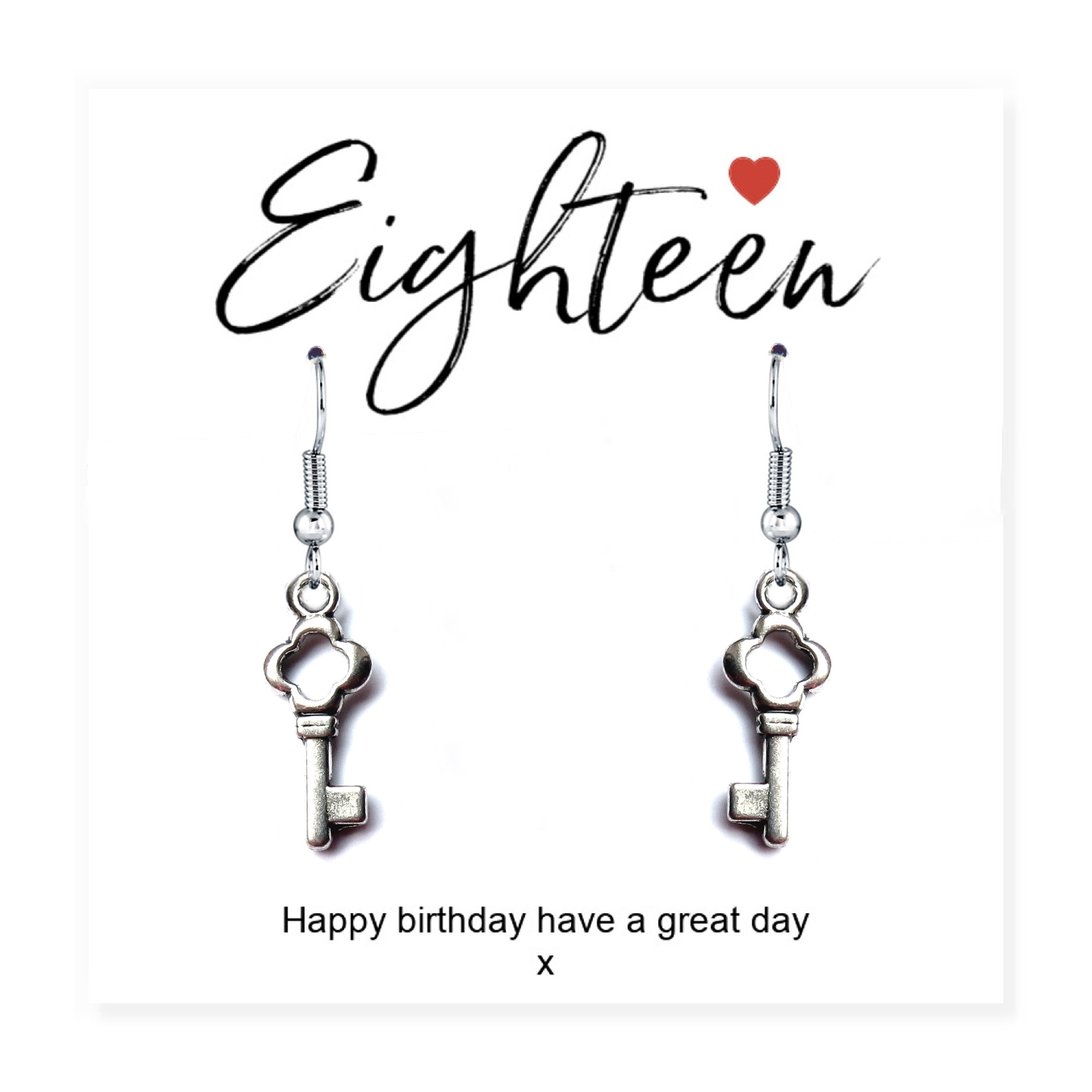 18th Birthday Silver Key Charm Earrings & Gift Card