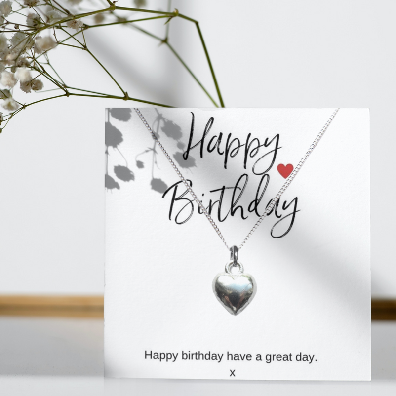 Happy Birthday Silver Heart Charm Necklace & Gift Card