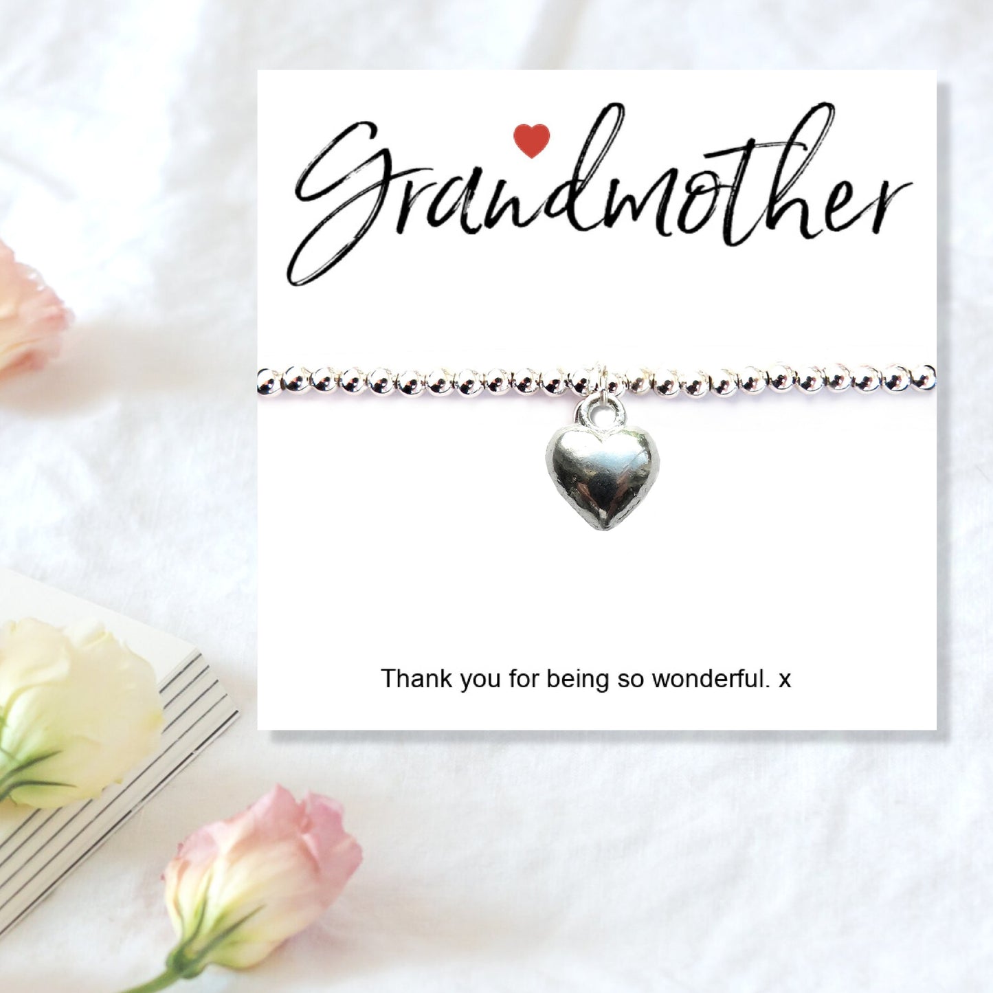 Grandmother Message Gift Card with Heart Charm Bracelet