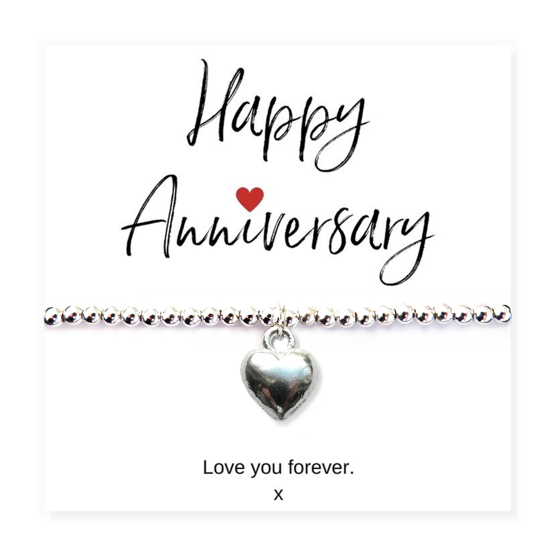 Silver Heart Beaded Bracelet & Anniversary Message Gift Gift Card