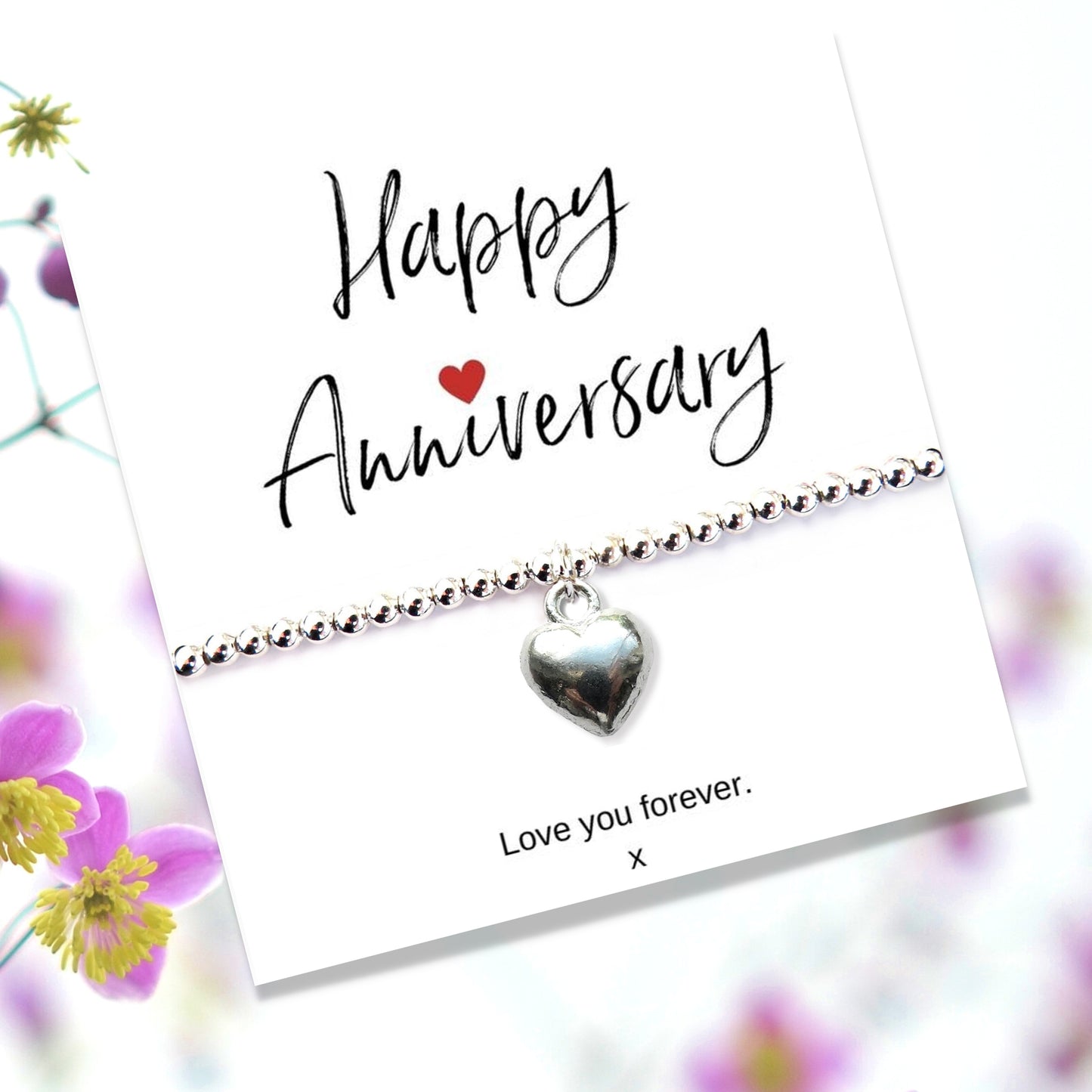 Silver Heart Beaded Bracelet &  Anniversary Message Gift Card