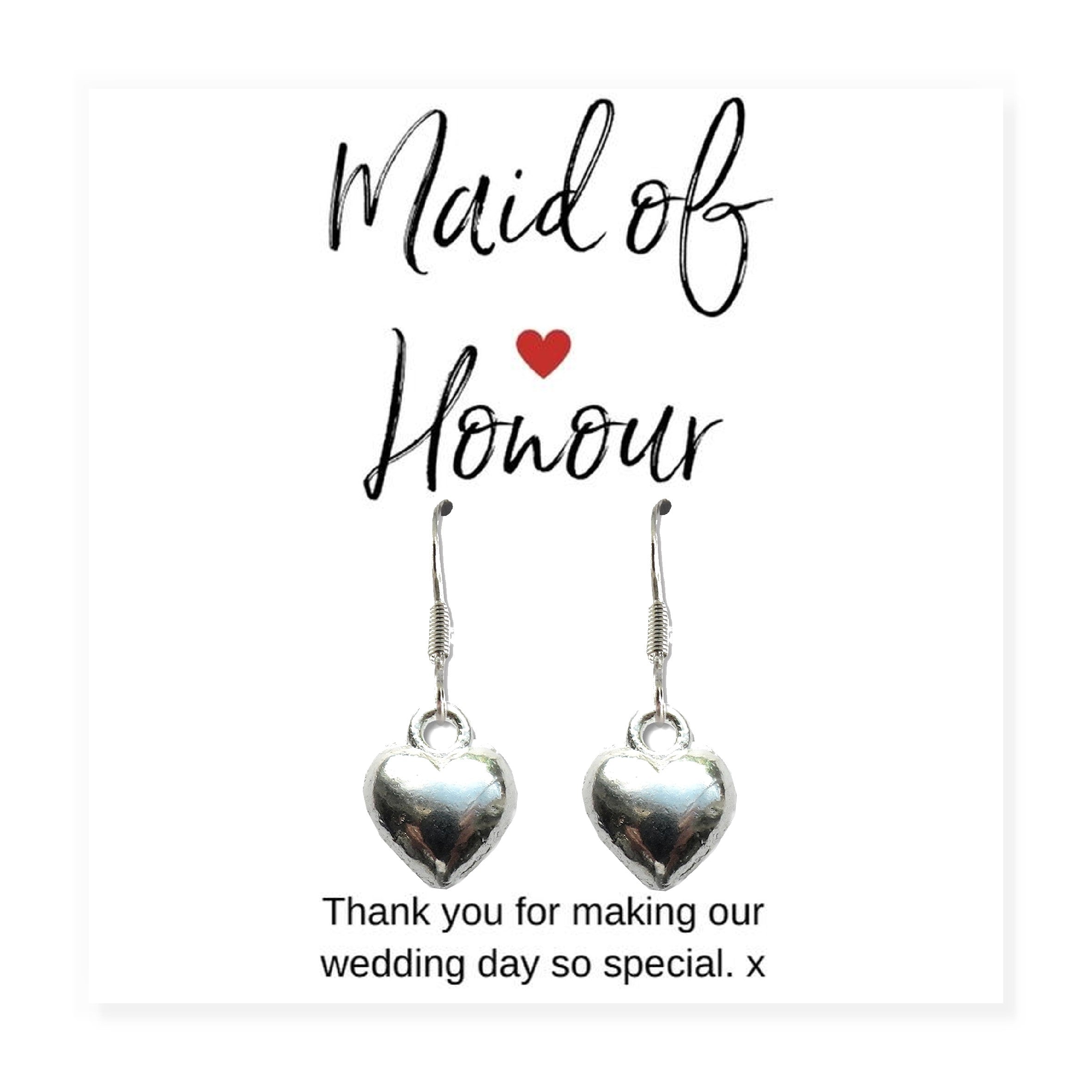 Maid of Honour Heart Earrings & Thank You Gift Card