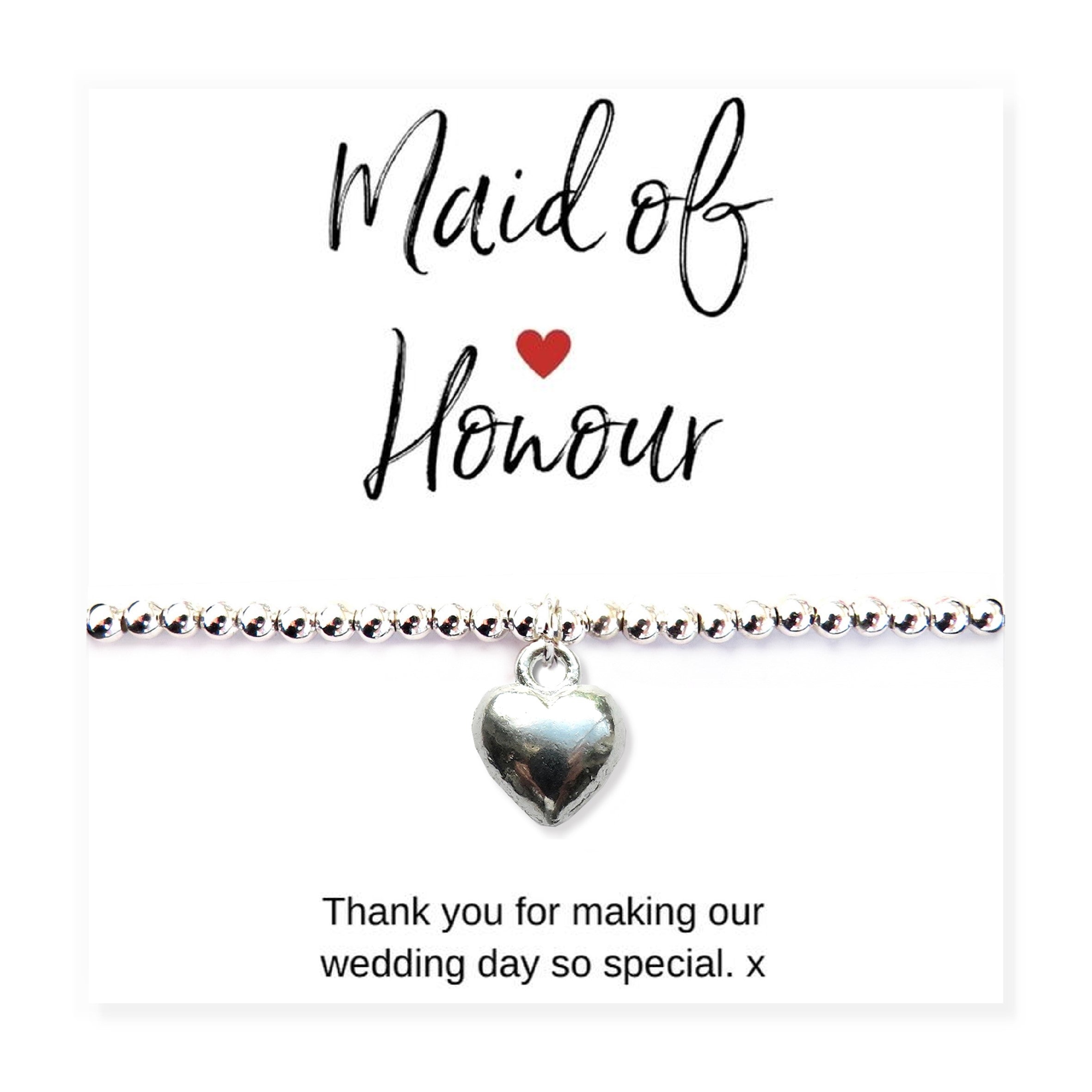Maid of Honour Heart Bracelet & Thank You Gift Card
