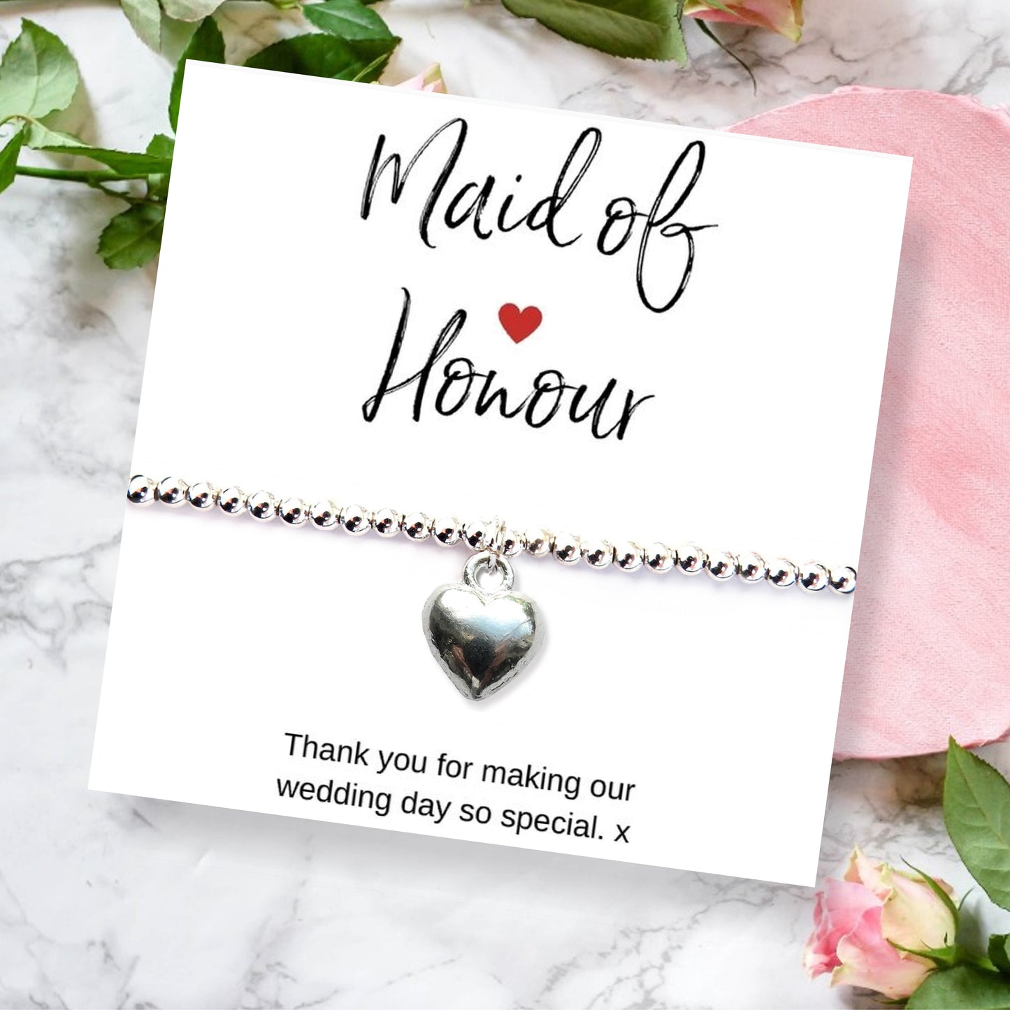 Maid of Honour Heart Bracelet & Thank You Card