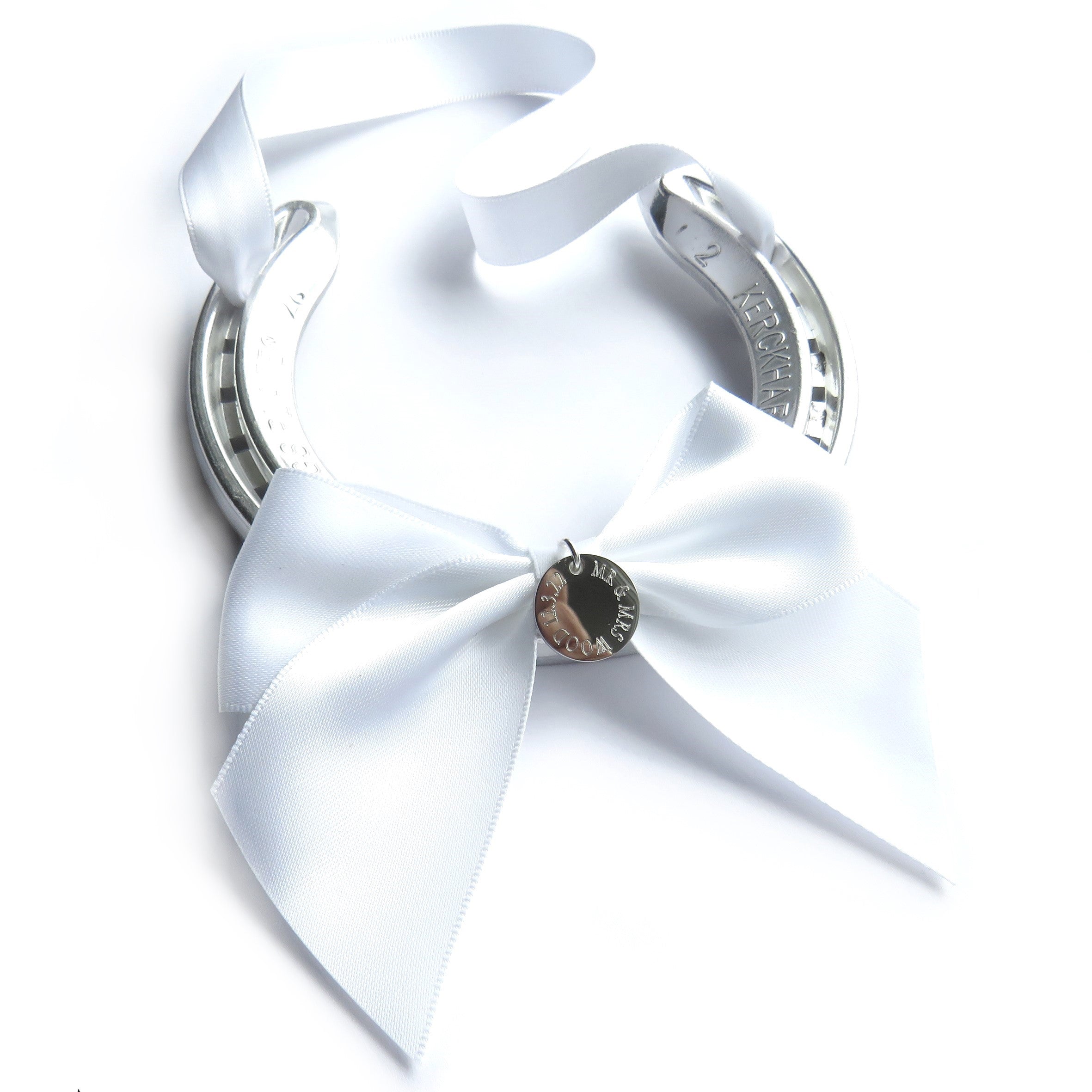 Personalised Wedding Horseshoe: Engraved Good Luck Charm, White Satin Ribbon