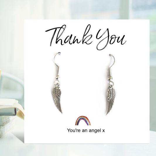Angel Wing Earrings on Rainbow Thank You Card
