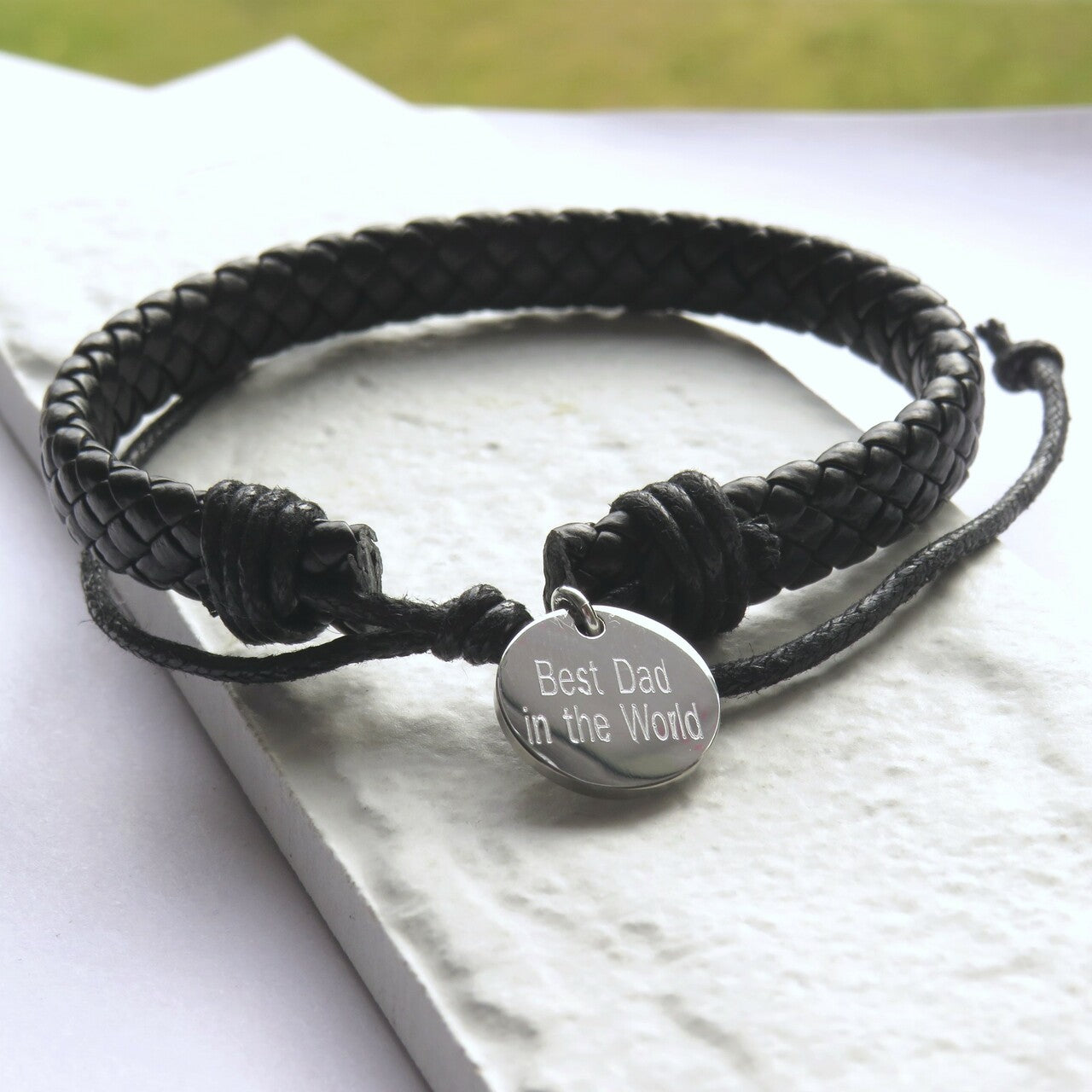 Personalised Men's Black Faux Leather Weave Bracelet