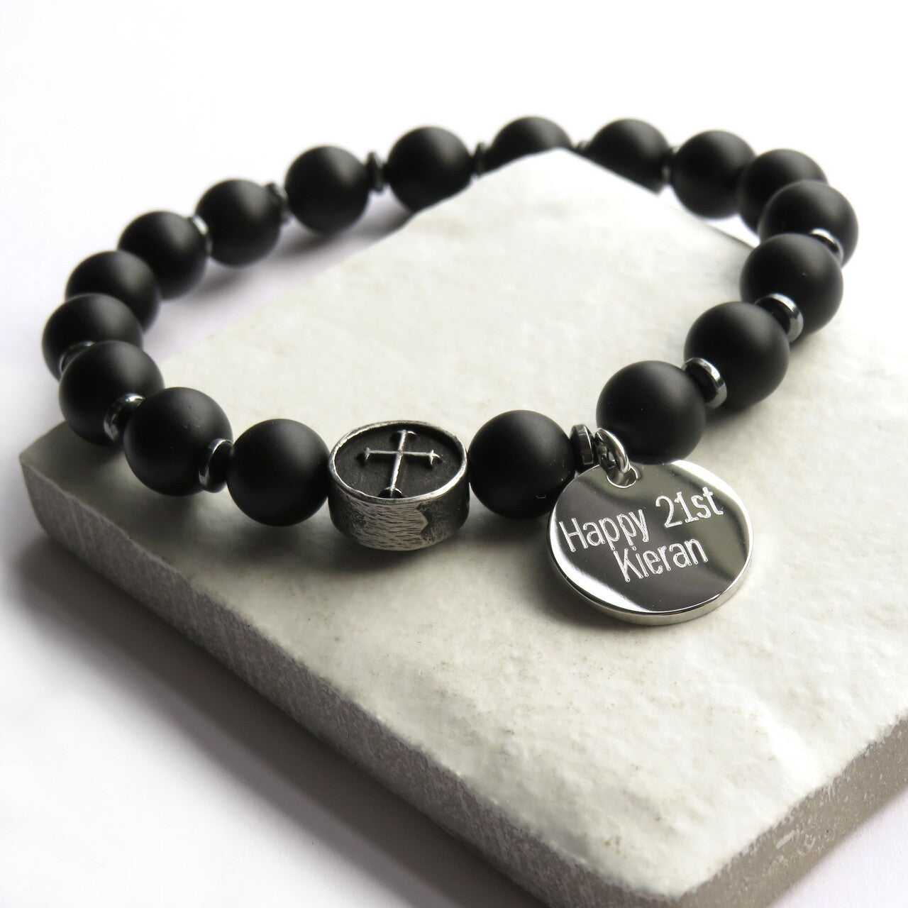 Personalised Men's Black Agate & Cross Bracelet