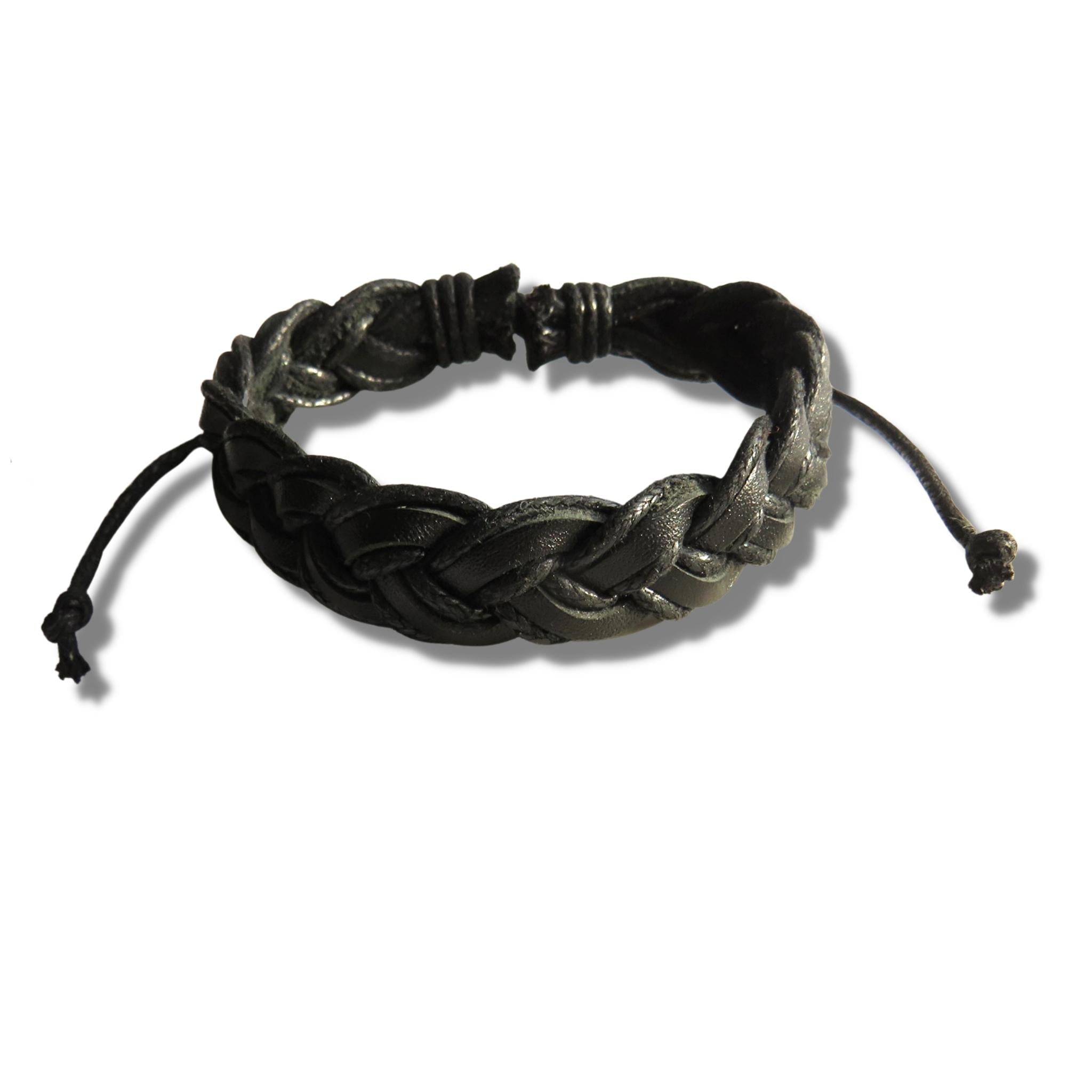 Men's Black Pleated Real Leather Bracelet