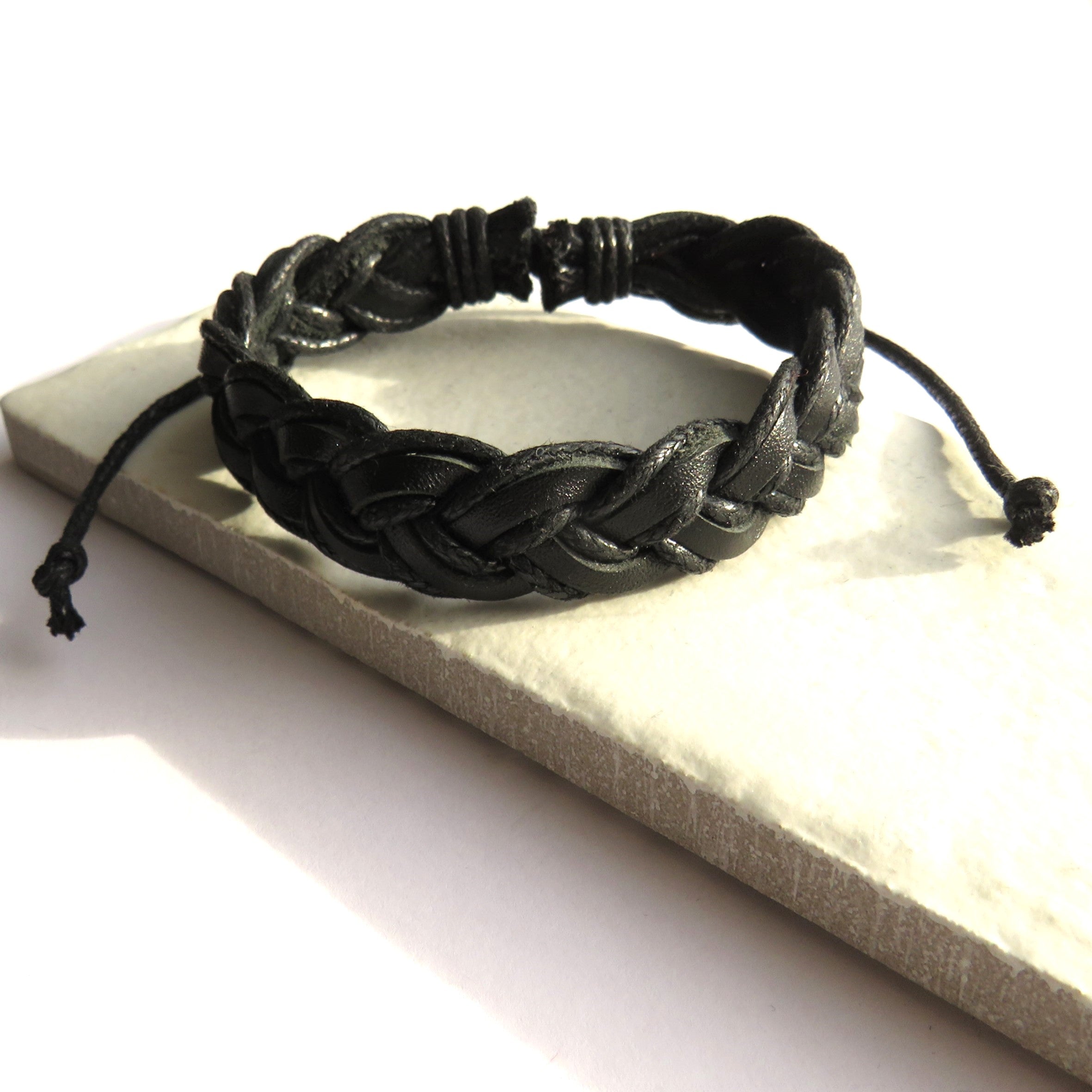 Men's Black Pleated Real Leather Bracelet
