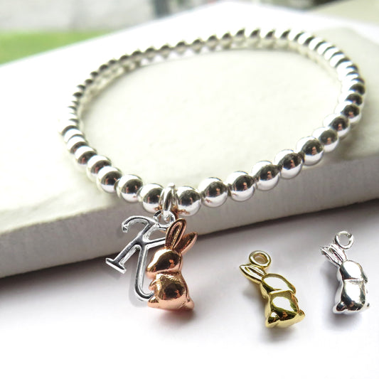 Personalised Initial Bunny Rabbit Charm Beaded Bracelet