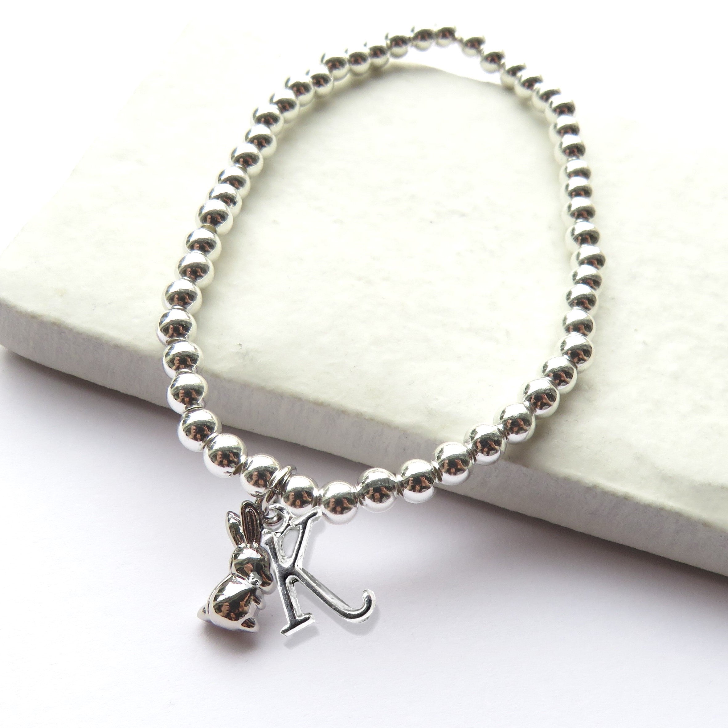Personalised Initial Bunny Rabbit Charm Beaded Bracelet