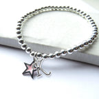 Personalised Initial Girls Silver Beaded & Pink Enamel Star Charm