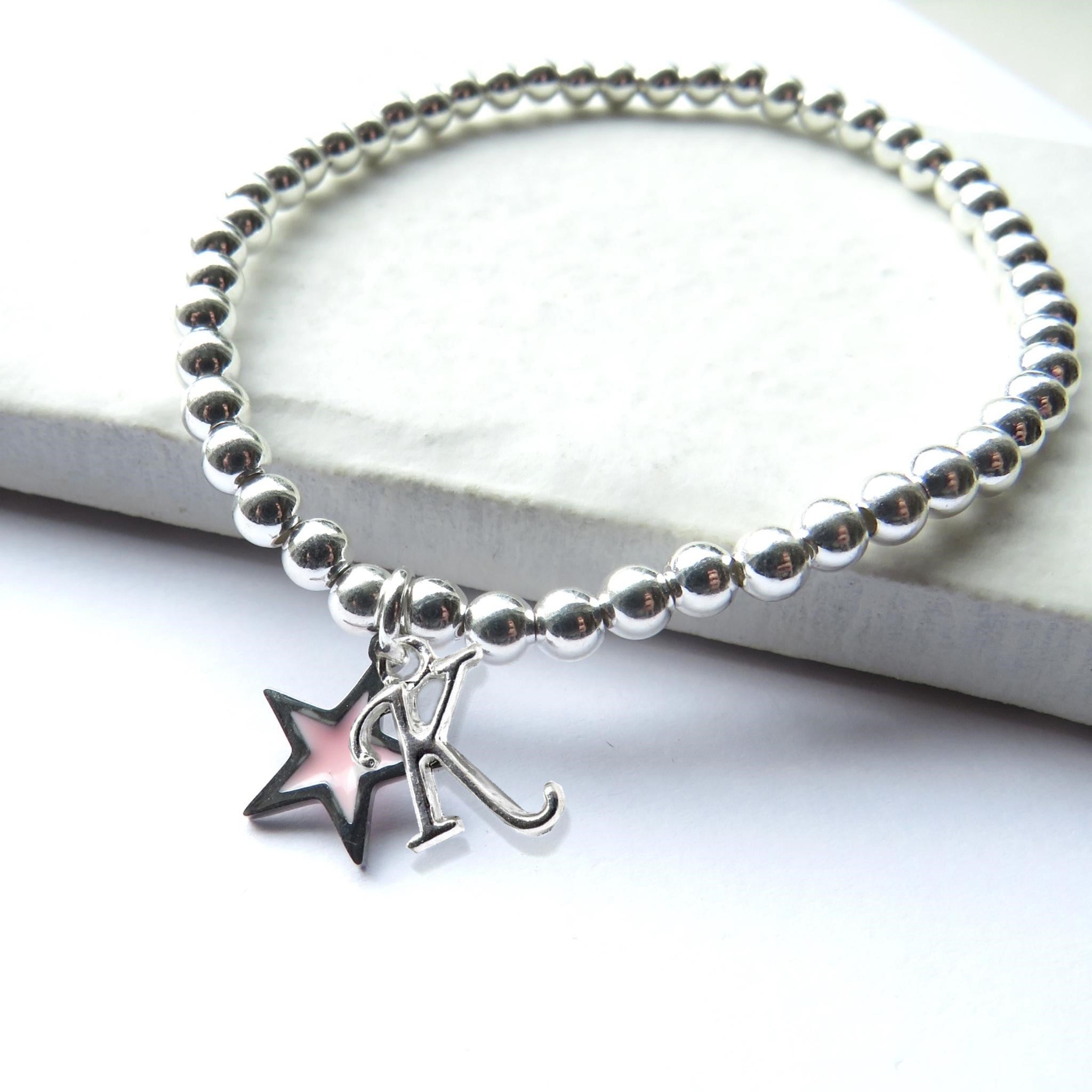Personalised Initial Girls Silver Beaded & Pink Enamel Star Charm