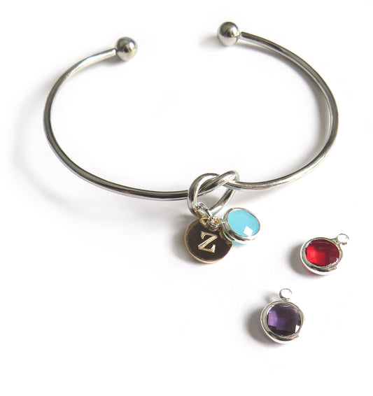 Personalised Silver Knot and Birthstone Charm Bangle