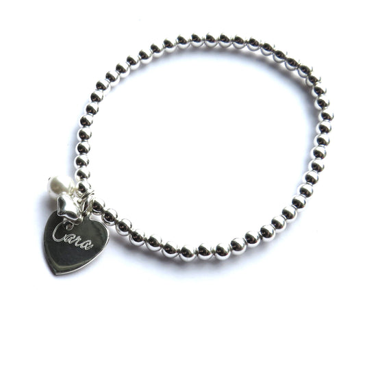 Personalised Silver Heart Stretch Beaded Bracelet with Mini Heart and Pearl