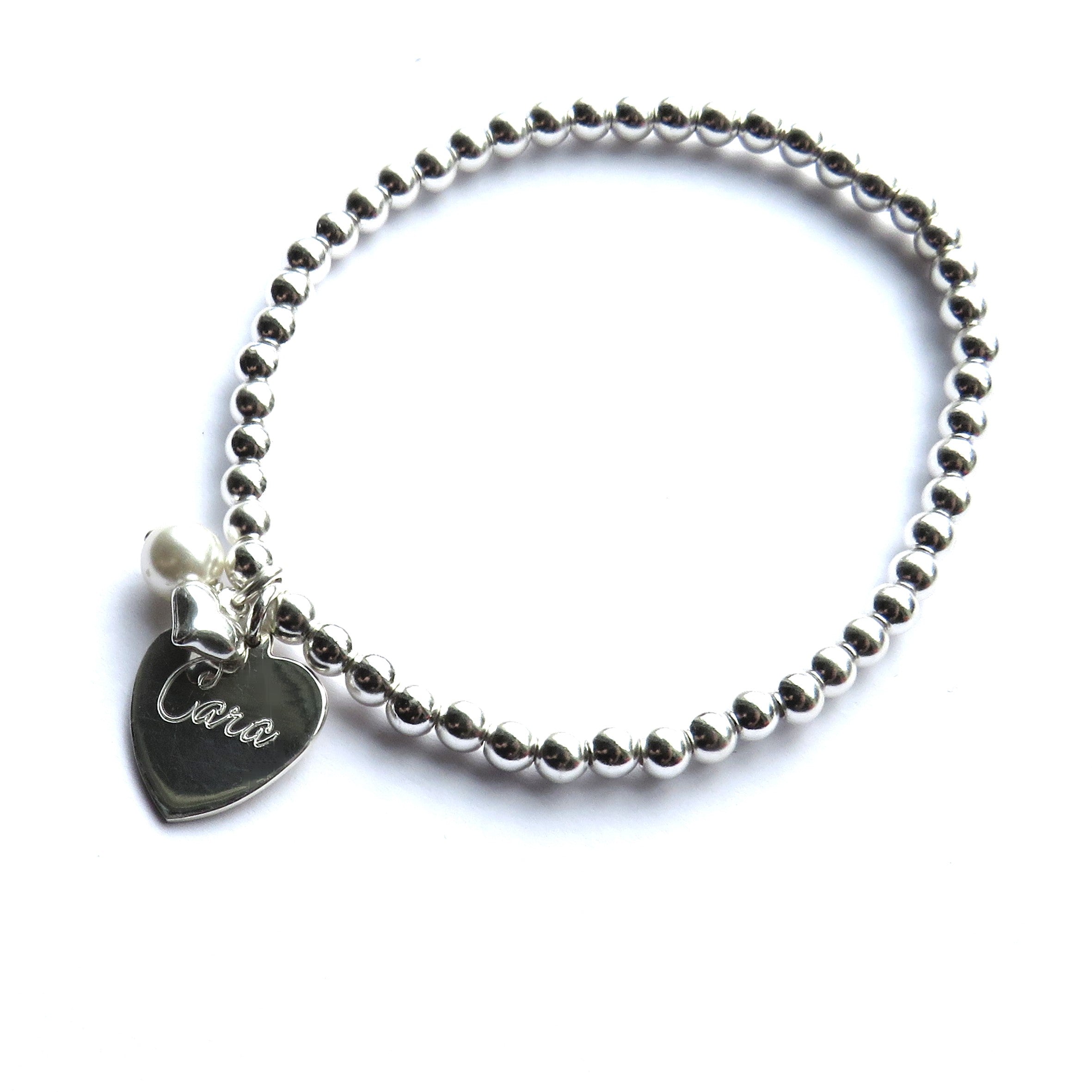 Personalised Silver Beaded Heart Bracelet | Mini Heart & Pearl