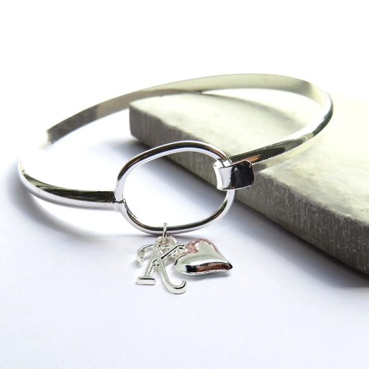 Initial and Charm Silver Loop Bangle