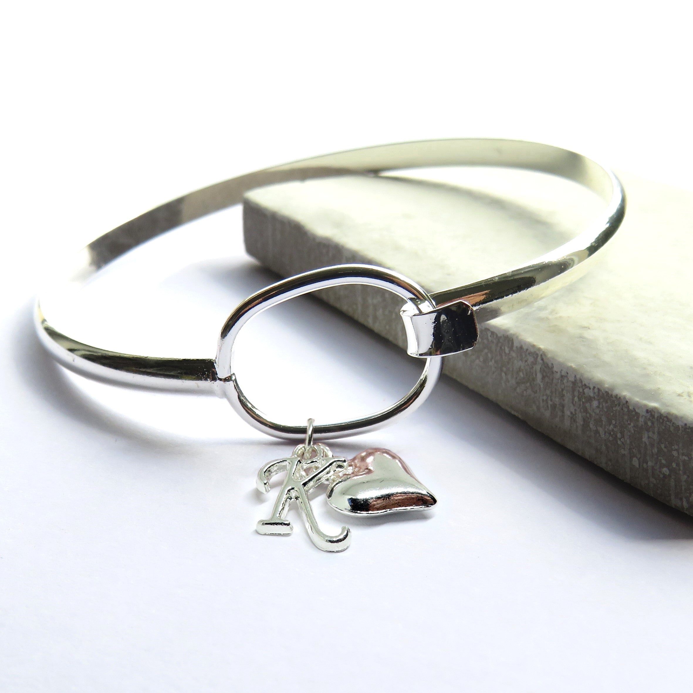 Personalised Initial & Silver Heart Charm Loop Bangle