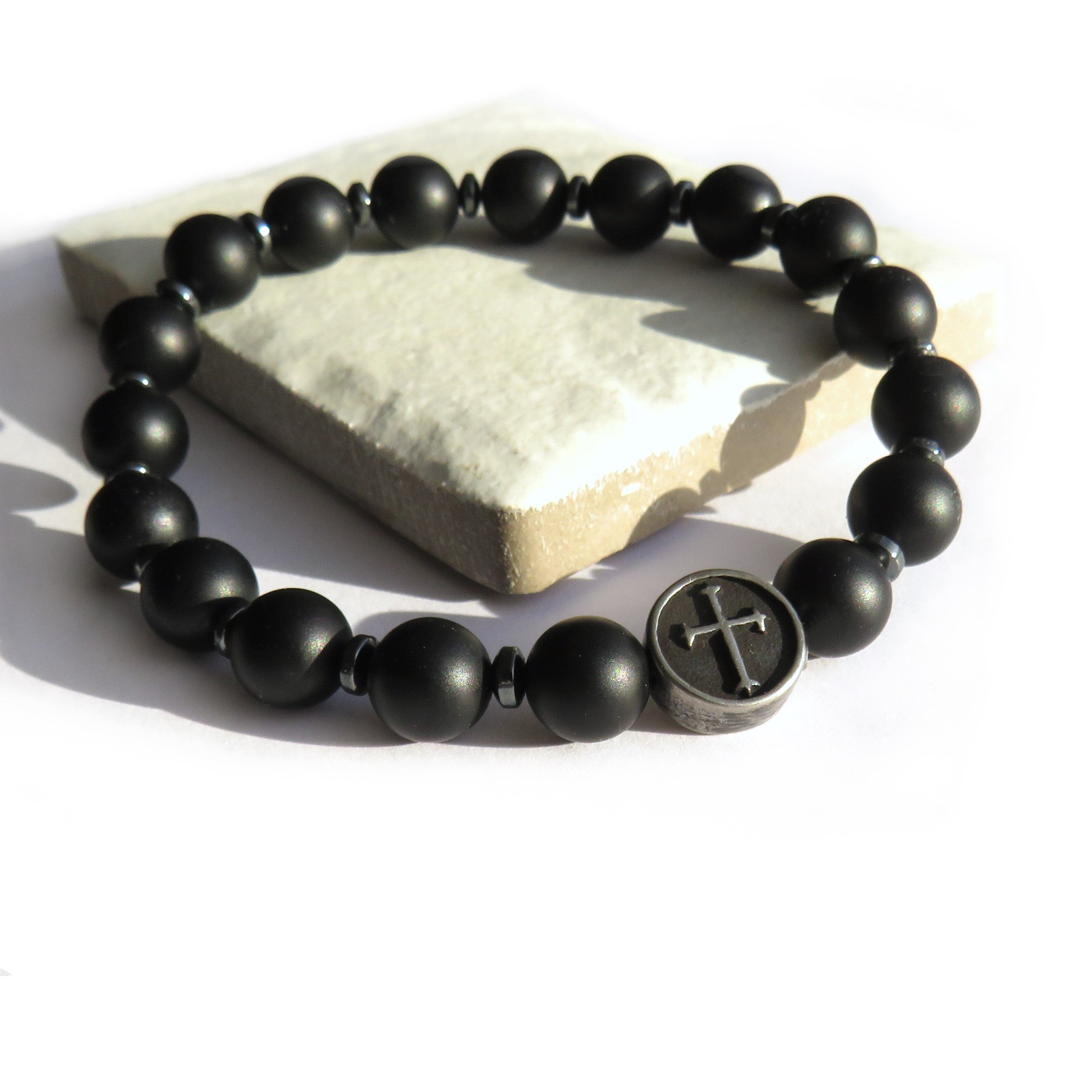 Men's Black Beaded Agate & Cross Bracelet