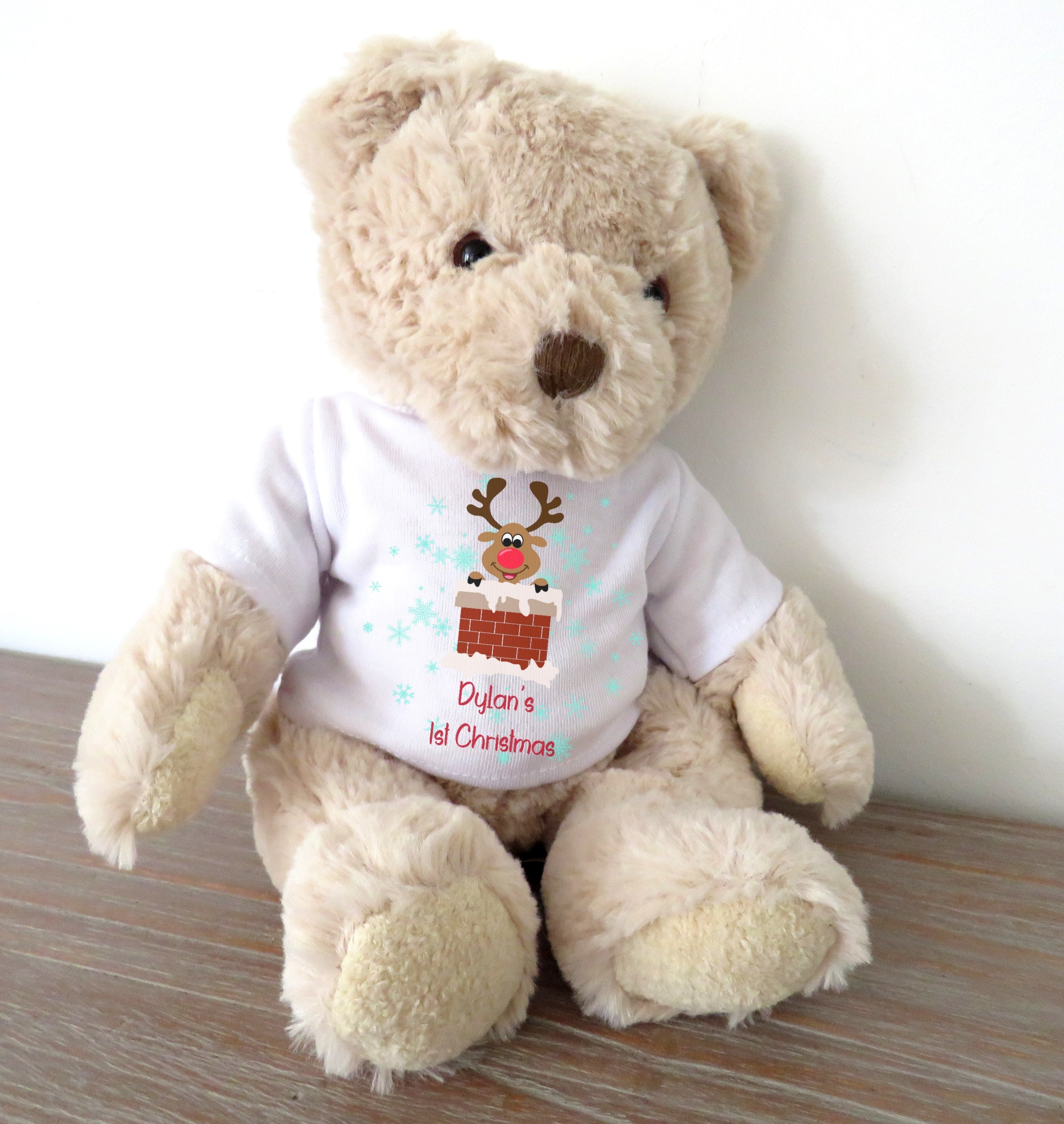Personalised Luxury Teddy Bear 1st Christmas 2025 Rudolph T-shirt