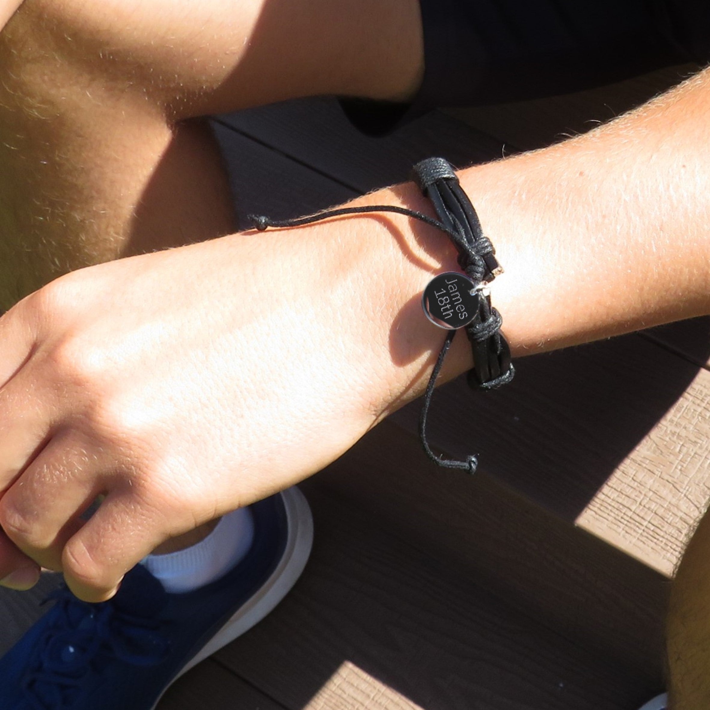 Personalised Men's Black Leather Cord Bracelet
