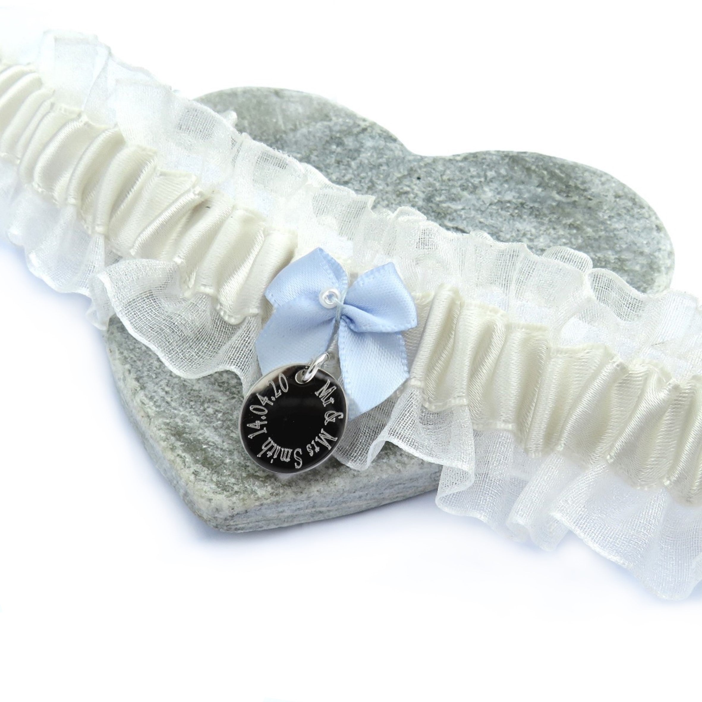Personalised Something Blue Wedding Garter and Engraved Charm