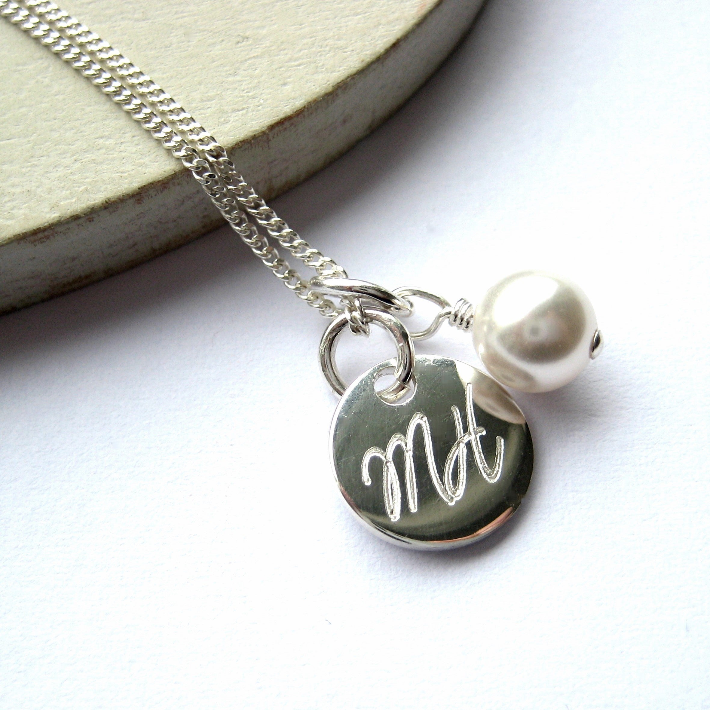 Personalised Script Disc Necklace & Pearl | Gift For Her | Bridesmaids Present UK