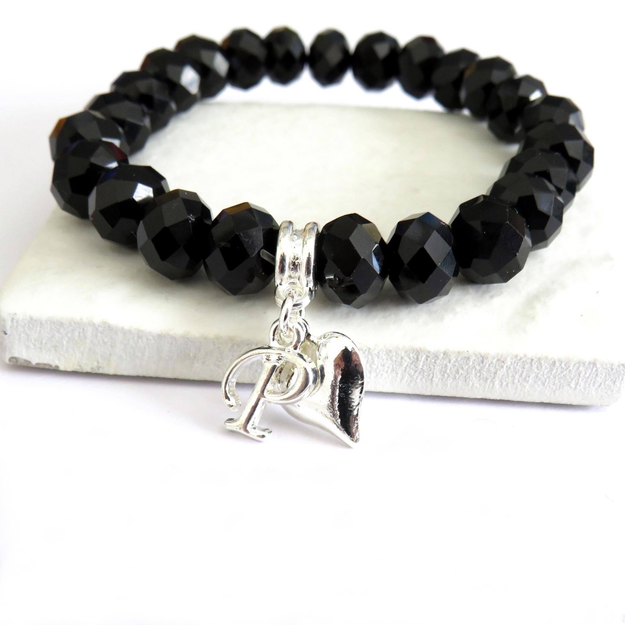 Personalised Black Crystal Beaded Initial & Heart Charm Bracelet