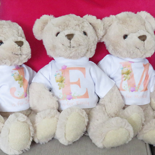 Personalised Luxury Teddy Bear Pink Initial & Teddies Shirt